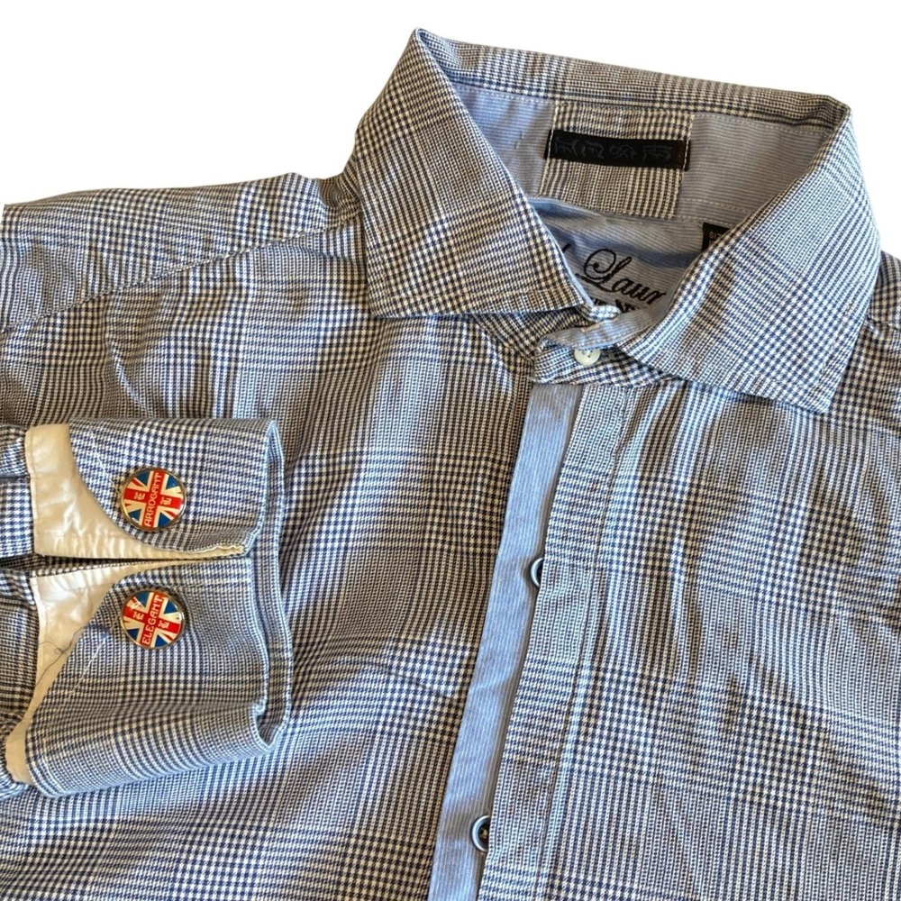 English Laundry Mens XL John Lennon Hard Days Night Blue Glen Plaid Shirt Cotton